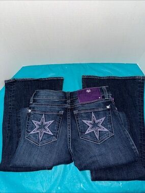 Victoria Beckham Dark Wash Bootcut Jeans with Purple Star Back Pockets